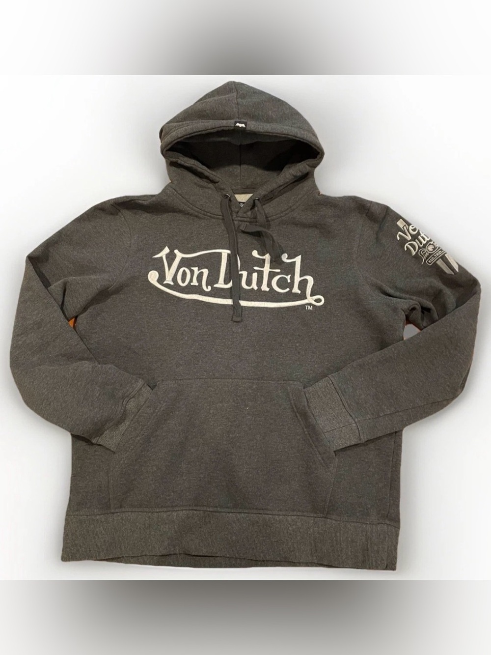 Y2K Von Dutch Hoodie Gray Big Logo Medium Pullover Sweatshirt